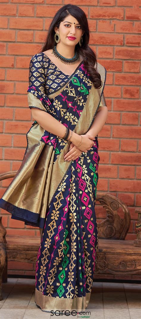 Buy Navy Blue Banarasi Silk Saree with Heavily Woven Pallu and Border.